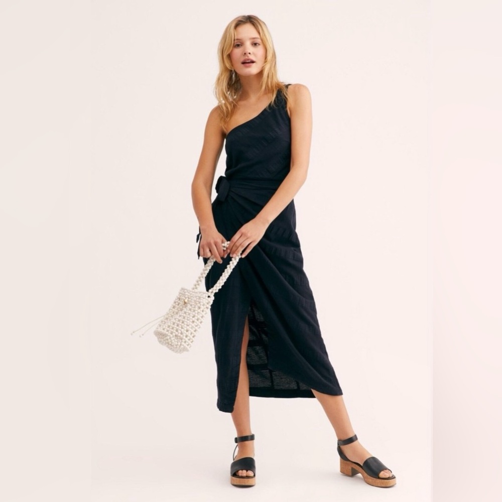 Free People One-Shoulder Black Midi Dress with Side Knot size small